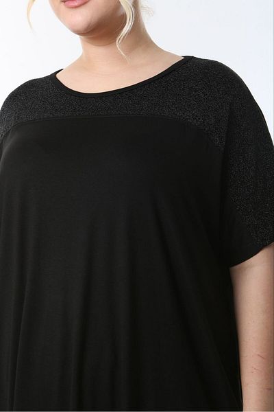 Butik Nilyam Women's Plus Size Crew Neck Shoulder Sim Detailed Stretchy T-Shirt 24736 Black