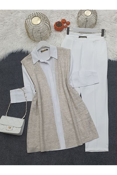 Modamorfo Openwork Patterned Zero Sleeve Knitwear Cardigan - Stone