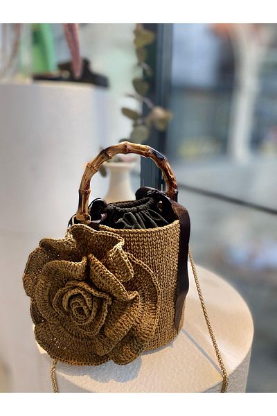 Zeynep Keskin Design Geantă de damă cu paie cu detaliu de flori, geantă de tricotat lucrată manual, geantă de plajă