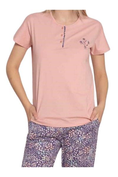 ALİMER Women's Flower Pattern Crew Neck 3 Buttons Short Sleeve Pocket Pajama Set