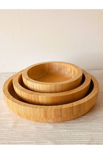 TARIK HOME Set of 3 Bamboo Natural Salad, Fruit Bowl, Presentation Bowl, Decorative Bowl, Thick Deep Bowl Plate