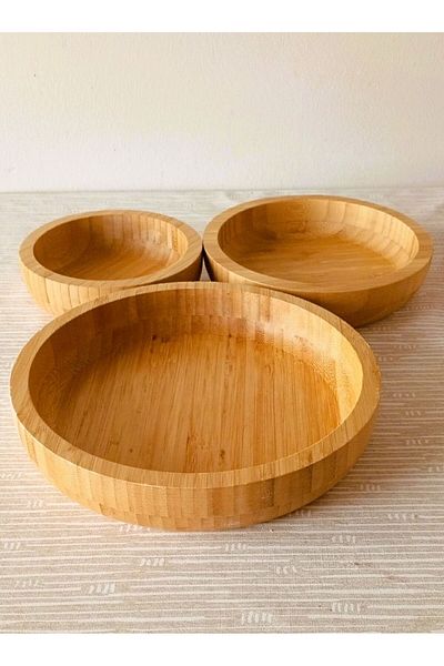 TARIK HOME Set of 3 Bamboo Natural Salad, Fruit Bowl, Presentation Bowl, Decorative Bowl, Thick Deep Bowl Plate