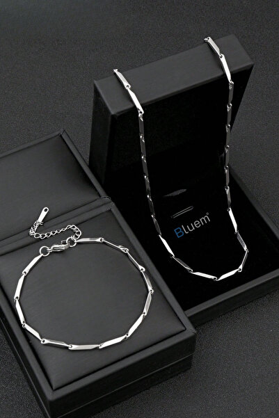 Bluem Paslanmaz Çelik Erkek Zincir Bar Bileklik ve Kolye Seti - İthal Kararma...