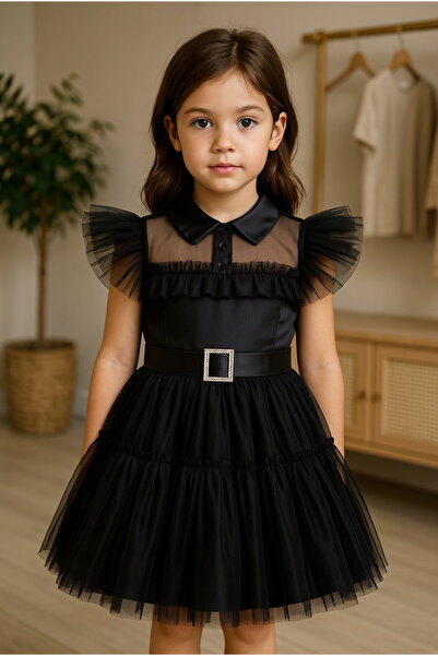 sevalkostüm tasarım Wednesday |Kız Çocuk Siyah Tül Elbise | Taşlı Kemerli, Saten Detaylı Özel Gün Elbisesi |