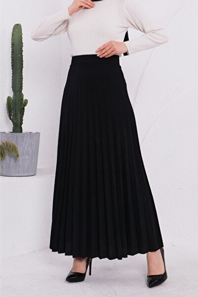 ZEHRA GİYİM Fusta plisată evazată Skuba Crepe Neagră