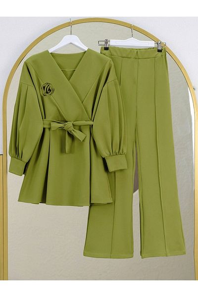 Modamorfo Belted Waist Cross Collar Balloon Sleeve Suit - Fat Green