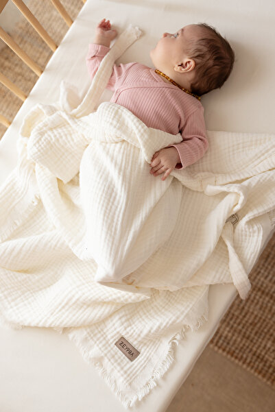 ZEYPBA Ekru 4 Katlı Müslin Emzirme Örtüsü & Puset Örtüsü Püsküllü