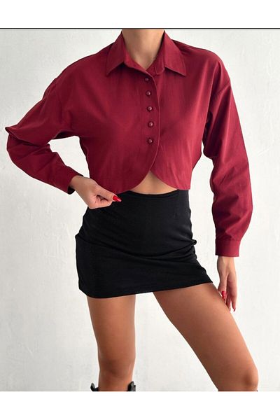 Butik Cămașă Crop cu nasturi din perle bordeaux Merrline pentru femei