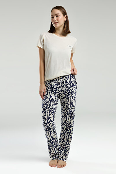 Pierre Cardin Beige Patterned Women's Pajama Set - Short Sleeve with Pockets