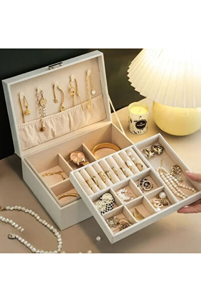 Büyük Hanım صندوق مجوهرات من الجلد الصناعي الأبيض بطبقة مزدوجة مع مفتاح