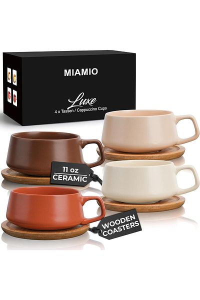 MIAMIO 320 ml., Set of 4 Ceramic Tea Cup and Saucer Bamboo/Tea Mug - Wide Cappuccino Cup, Coffee Cups
