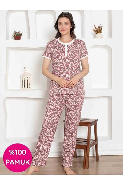 ALİMER Women's Flower Pattern Crew Neck 3 Button 100% Cotton Combed Thin Summer Short Sleeve Pajama Set