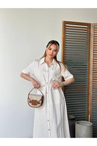 Cistern İstanbul Γυναικείο κοντομάνικο φόρεμα με ριγέ κρεμ-μινκ με λεπτομέρεια με δαντέλα