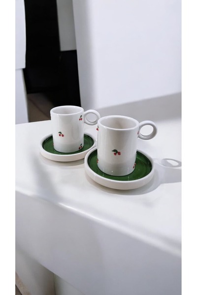 seda seramik Handmade 4 Piece Cherry Pattern Coffee Cup Set for 2 People 100 Ml.