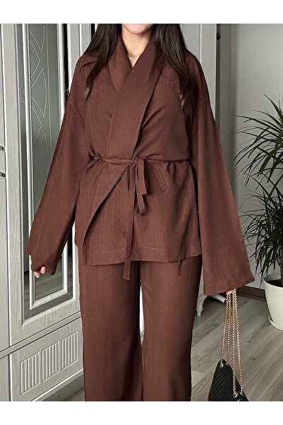 AB LOOKS Women's Waist Belted Kimono and Pants Two-Piece Set Crinkle Fabric Tirl Bottom Top Set