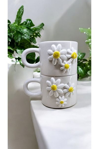 seda seramik Handmade 2 Pieces Embossed Daisy Patterned Mug Bar Cup Mug 200 ml