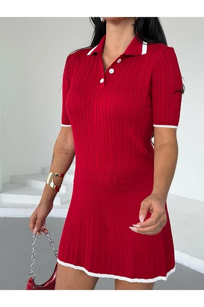 Cistern İstanbul Women's Red Polo Neck Knitwear Blouse Skirt Double Set