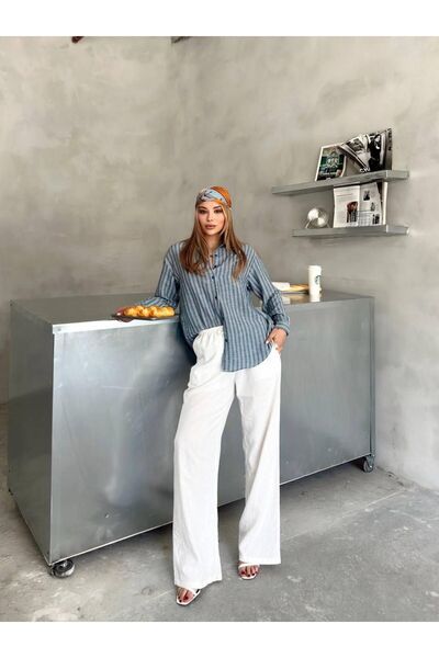 Cistern İstanbul Cămașă de damă din țesătură de bază din viscoză cu dungi albastre