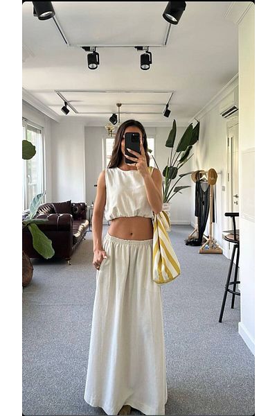 Natavanbutık Elastic Cropped Skirt Linen Suit