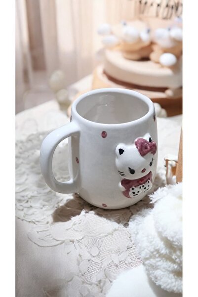 seda seramik EL YAPIMI KABARTMALI MOR HELLO KITTY FİGÜRLÜ KUPA BARDAK 400 ML