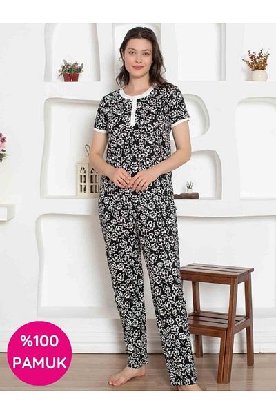 bie's Women's Flower Pattern Crew Neck 3 Button 100% Cotton Combed Thin Summer Short Sleeve Pajama Set