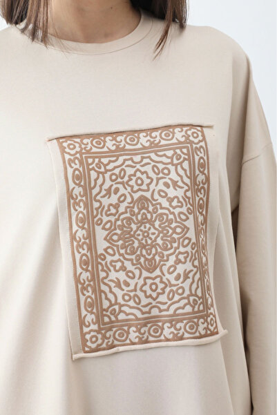 ZÜLAYS Anadolu Desen Baskılı Sweat Elbise Taş