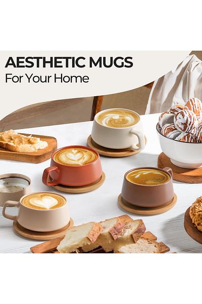 MIAMIO 320 ml., Set of 4 Ceramic Tea Cup and Saucer Bamboo/Tea Mug - Wide Cappuccino Cup, Coffee Cups