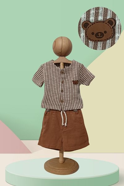 Baby s Breath Flower Teddy Bear Patterned Striped Shirt Shorts 2 Piece 100% Cotton 6-9-12-18 Months Bottom-Top Baby Boy Set