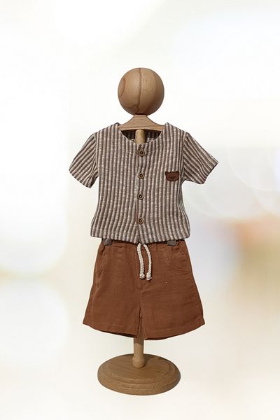 Baby s Breath Flower Teddy Bear Patterned Striped Shirt Shorts 2 Piece 100% Cotton 6-9-12-18 Months Bottom-Top Baby Boy Set