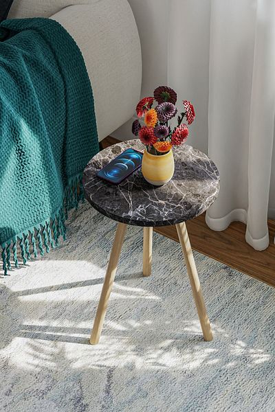 interGO 1 Pieces Coffee Table Wooden Legs Round - Black Marble Pattern