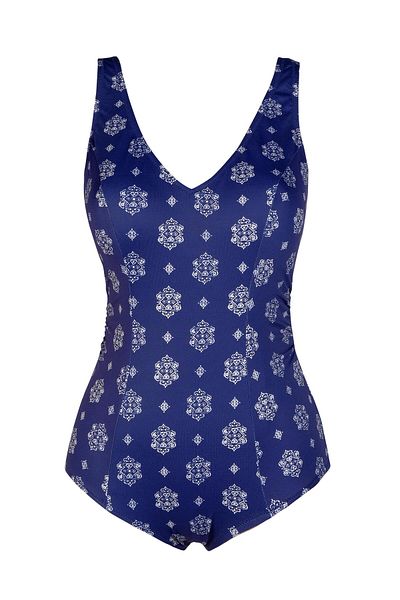 Endeep Beria Women's Large Size Cupped Navy Blue Patterned Gathering Swimsuit