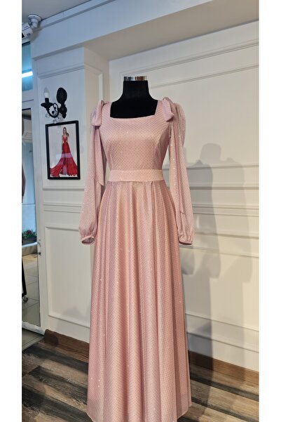 makbuleofficial Pembe Simli Kumaştan ,Prenses Kesim,Söz Nişan Elbisesi
