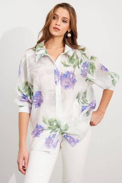 Cool & Modest Cămașă subțire de in cu model de flori violet pentru femei MCAR1068