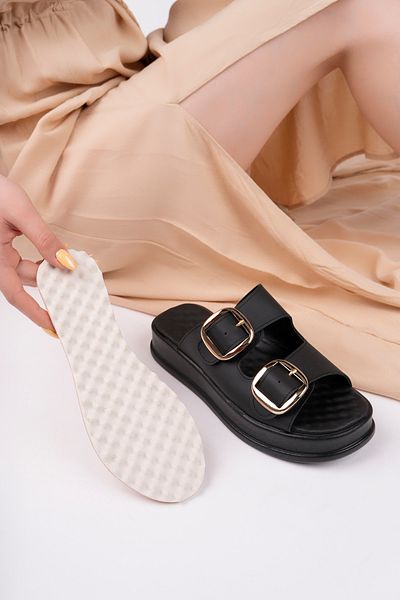 BAHRİNA Double Buckle Women's Slippers Black Skin Gold Buckle