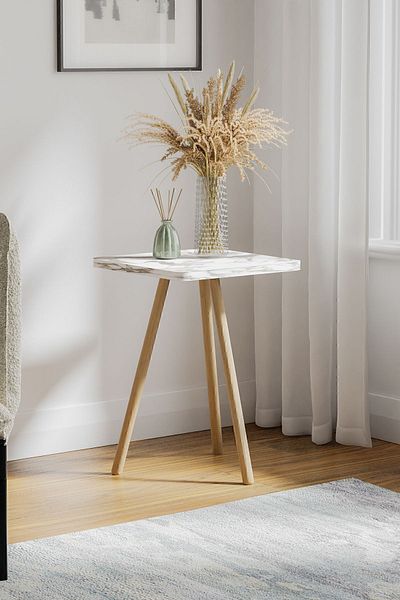 interGO 1 Pieces Coffee Table Wooden Legs Square - White Marble Pattern
