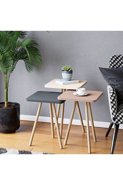 interGO 3 Pieces Coffee Table Wooden Legs Square - Gray / Cream / Cappuccino