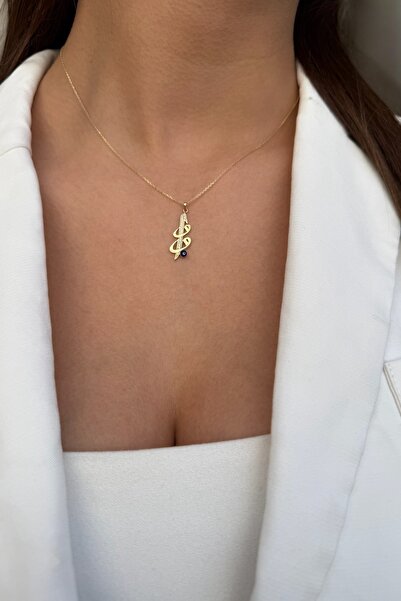 Utku Kuyumculuk 14 AYAR NAZAR MİNELİ ELİF VAV ALTIN KOLYE