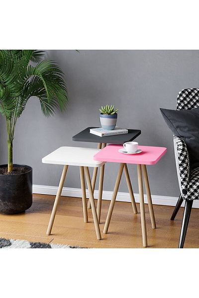 interGO 3 Pieces Coffee Table Wooden Legs Square - Pink / White / Gray