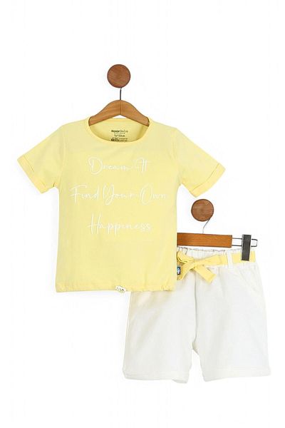 VOY KİDS Girls 3-10 Years Old Muslin Shorts with Elastic Front Printed Belt Summer Bottom Top Set