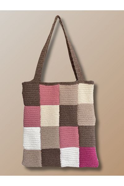 MELUSH Brown and Pink Checkered Knitted Bag Knitted Tote Bag Large Shoulder Bag