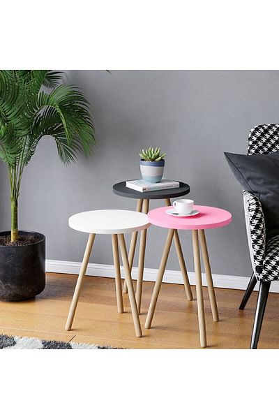 interGO 3 Pieces Coffee Table Wooden Legs Round - Pink / White / Gray