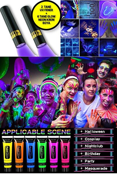 TOYFEST 2 ADET UV Mor Işıklı Fener + Loş Işıkta Parlayan Neonlu Glow Parti Yü...