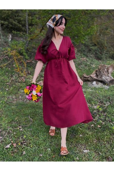 AB LOOKS Rochie de damă - 100% bumbac cu volan în față, cu talie elastică, cu croială largi, evazată de vară