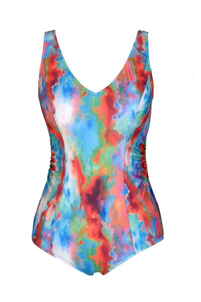 Endeep Beria Women's Large Size Abstract Patterned Gathering Swimsuit