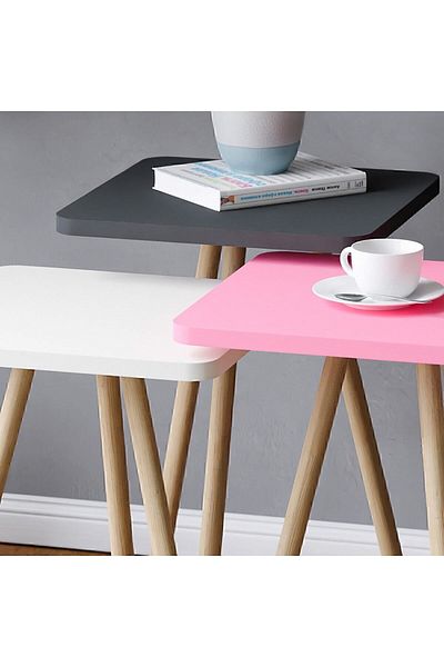 interGO 3 Pieces Coffee Table Wooden Legs Square - Pink / White / Gray