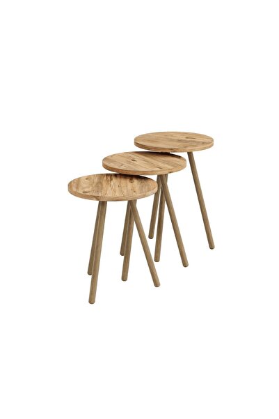 interGO 3 Pieces Coffee Table Wooden Legs Round - Atlantic Pine Pattern