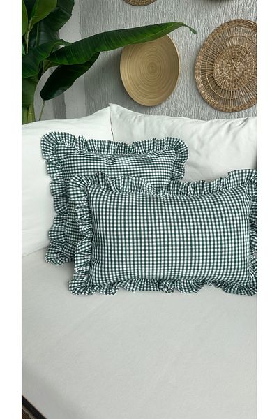 Decamor home Cotton Linen Green Mini Gingham Ruffle Throw Pillow Cover 1 Pc