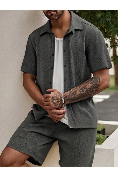YNGMENCLASS Non-Sweating Textured Men's Shorts Shirt Set
