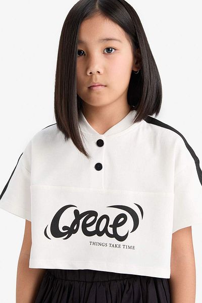DeFacto Girls Crop Crew Neck Button Printed Short Sleeve T-Shirt E1881A825Sm