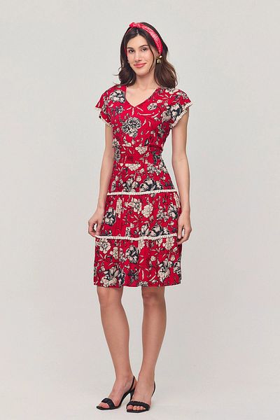 bacc Women's Red Collar Ribbed Floral Patterned Summer Viscon Dress Bcvl-25V054